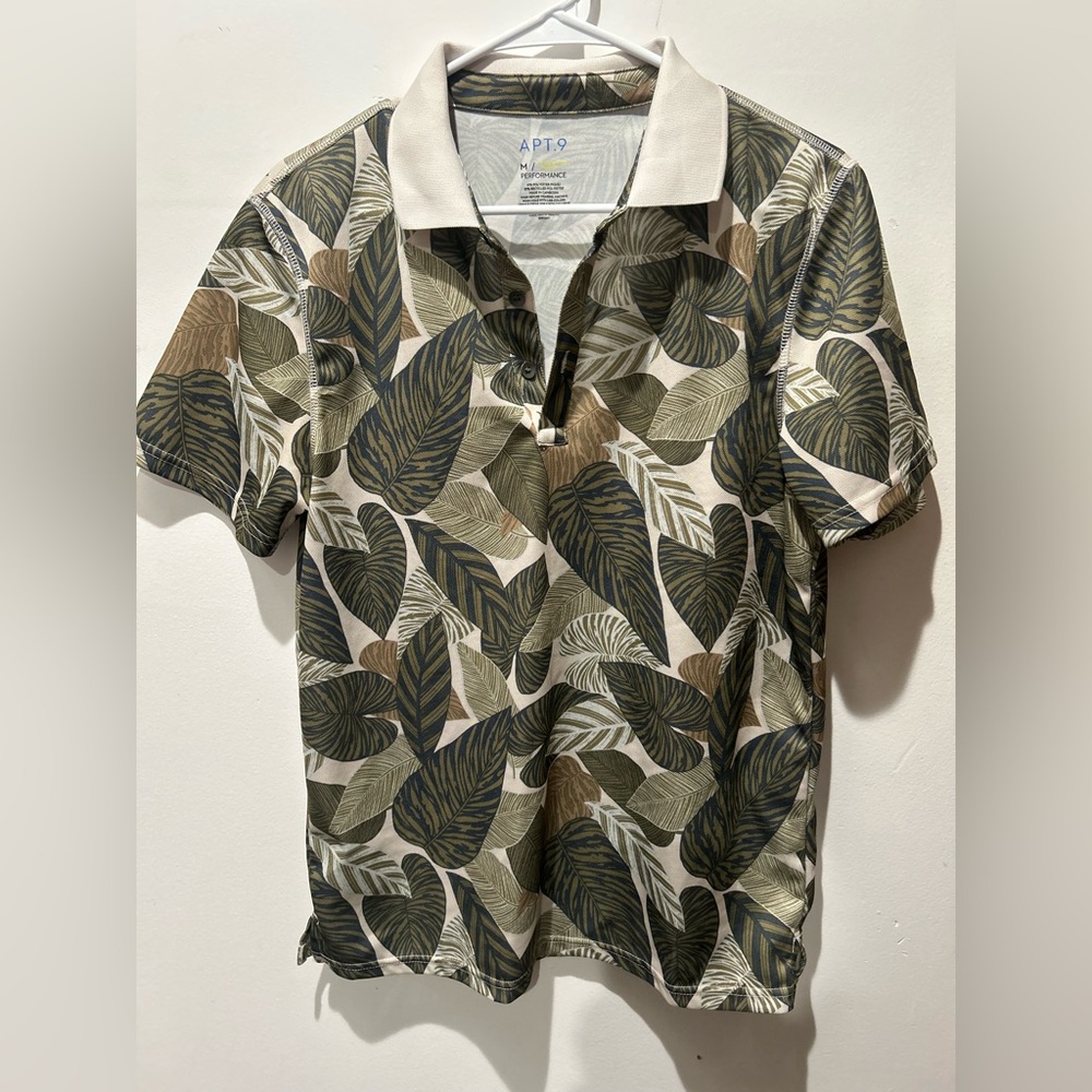 😎 Apt 9 Polo Shirt Mens Medium M Green Floral Premier Flex Performance Hawaiian